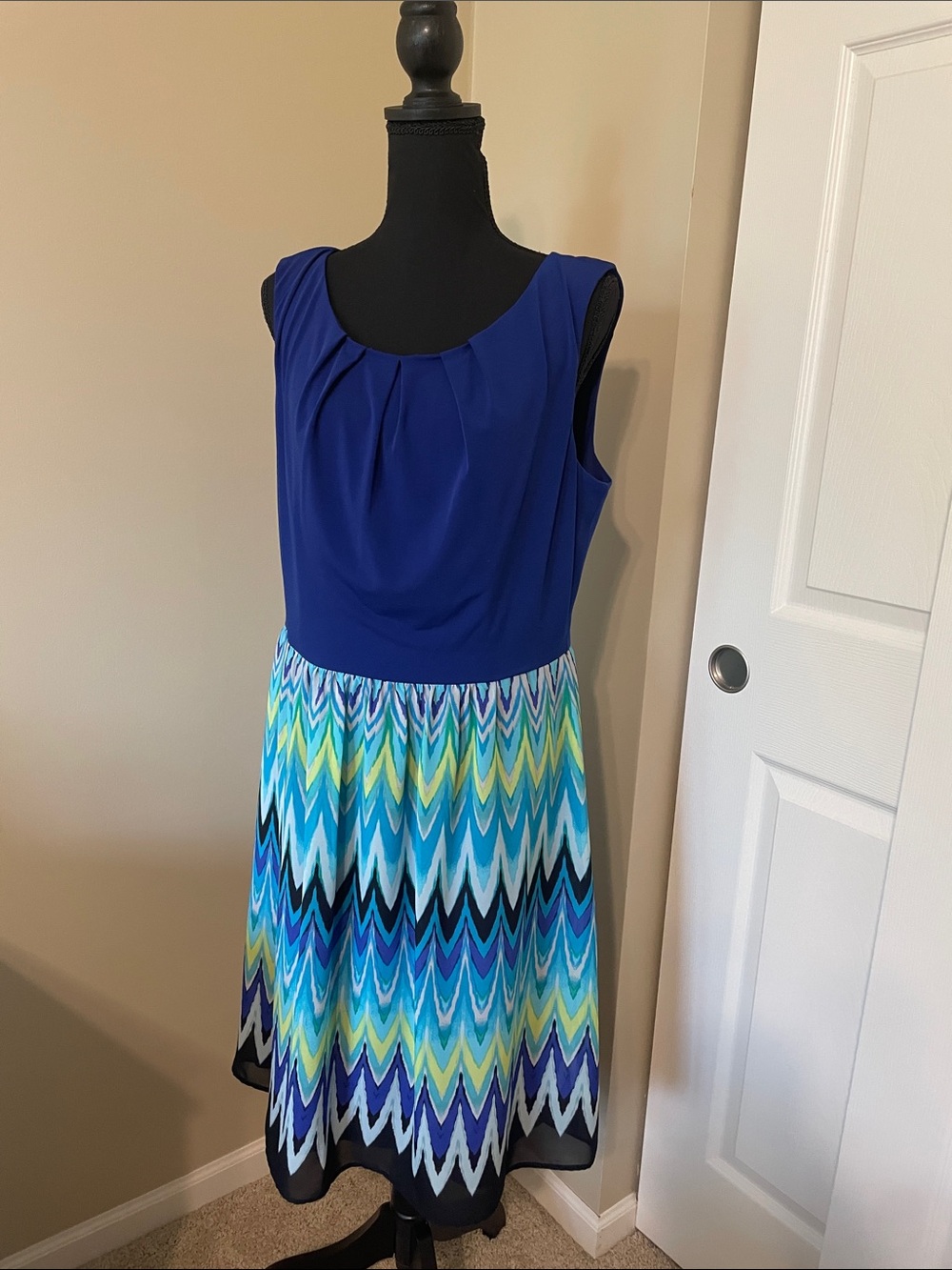 Sleeveless Midi Dress in Royal Blue with Multicolor Chevron Skirt